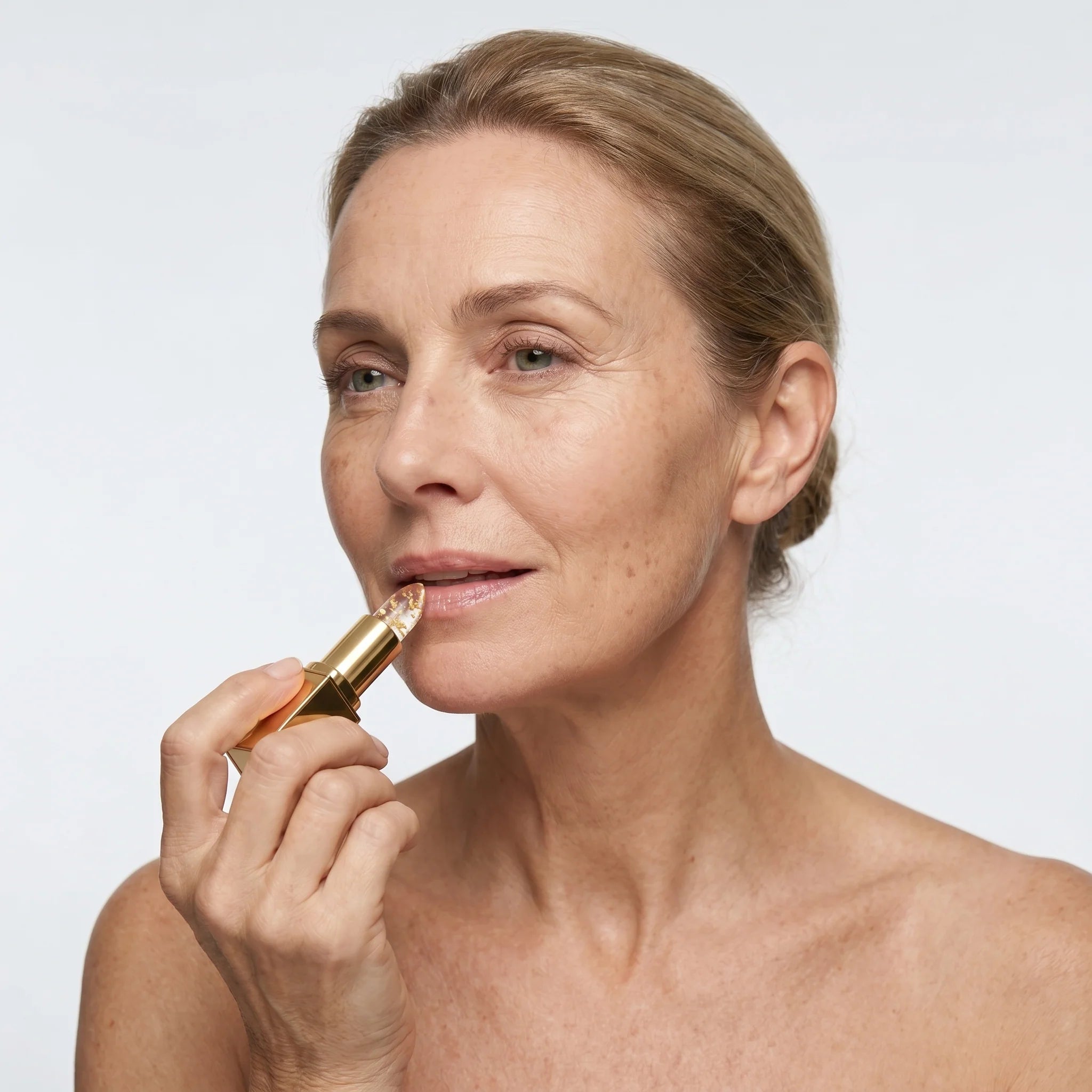 Woman applying lipstick as part of her everyday makeup routine