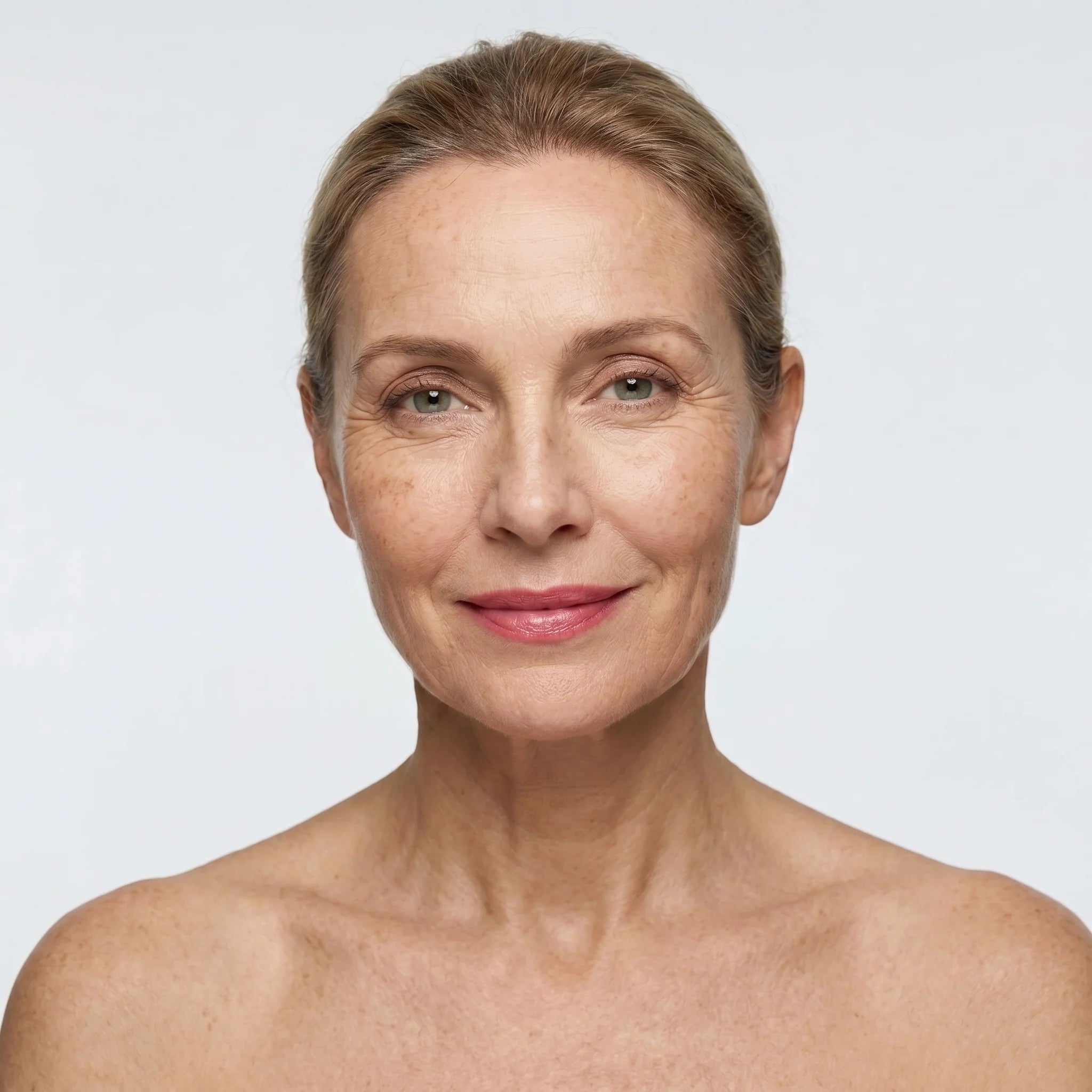Finished soft pink lip look on a mature model